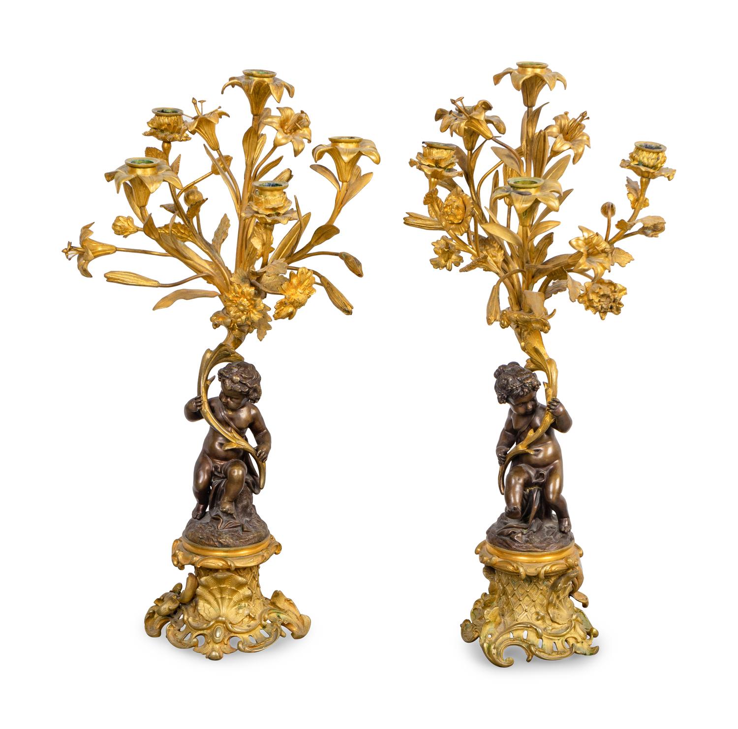 A Pair of Louis XV Style Gilt and Patinated Bronze Five-Light Candelabra — 19TH CENTURY