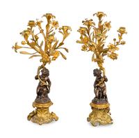 A Pair of Louis XV Style Gilt and Patinated Bronze Five-Light Candelabra — 19TH CENTURY