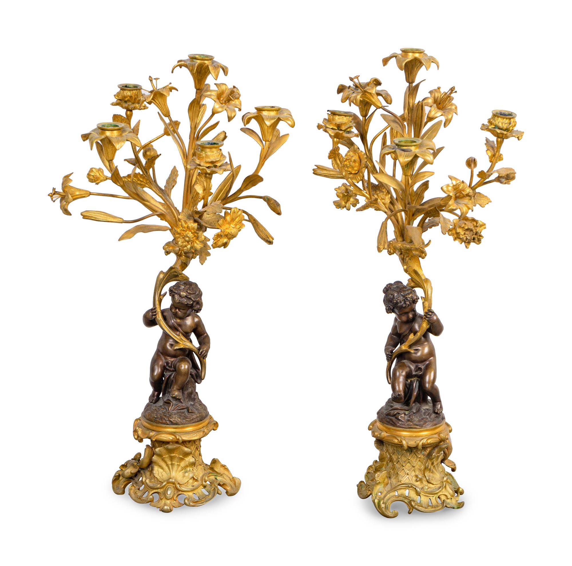 A Pair of Louis XV Style Gilt and Patinated Bronze Five-Light Candelabra — 19TH CENTURY