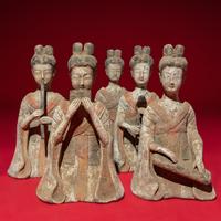 A Group of Seven Chinese Painted Pottery Figures of Musicians and Dancers, Sui-Tang Dynasty — 隋-唐 彩繪陶伎樂舞俑一組七件