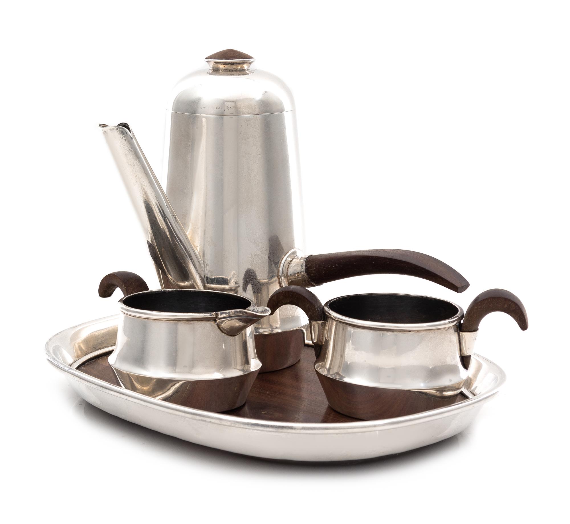A Mexican Silver Four-Piece Bachelor's Coffee Service, William Spratling, Taxco, Mid-20th Century, comprising a coffee pot, creamer, su
