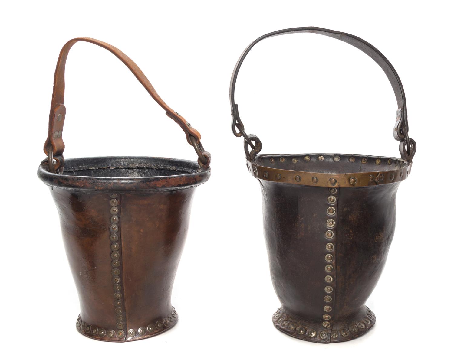 A Pair of A Brass Banded Leather Fire Buckets Height of taller 10 3/4 inches.