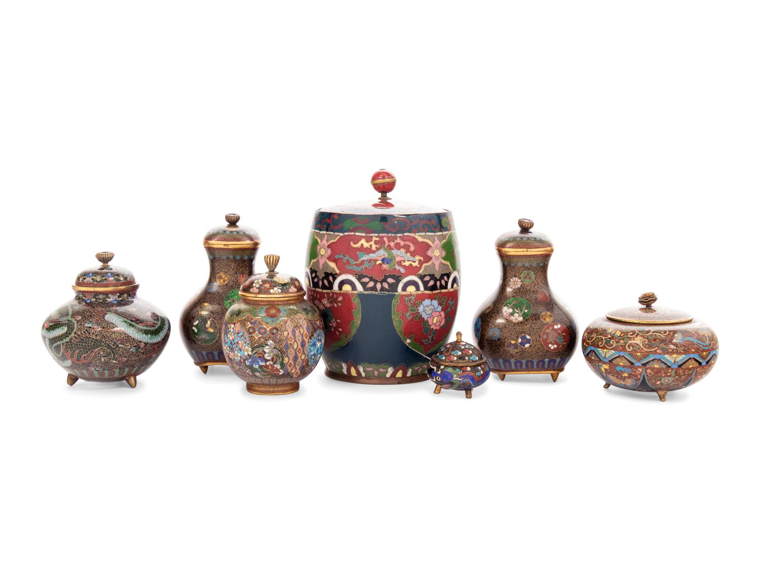 Seven Cloisonné Covered Jars