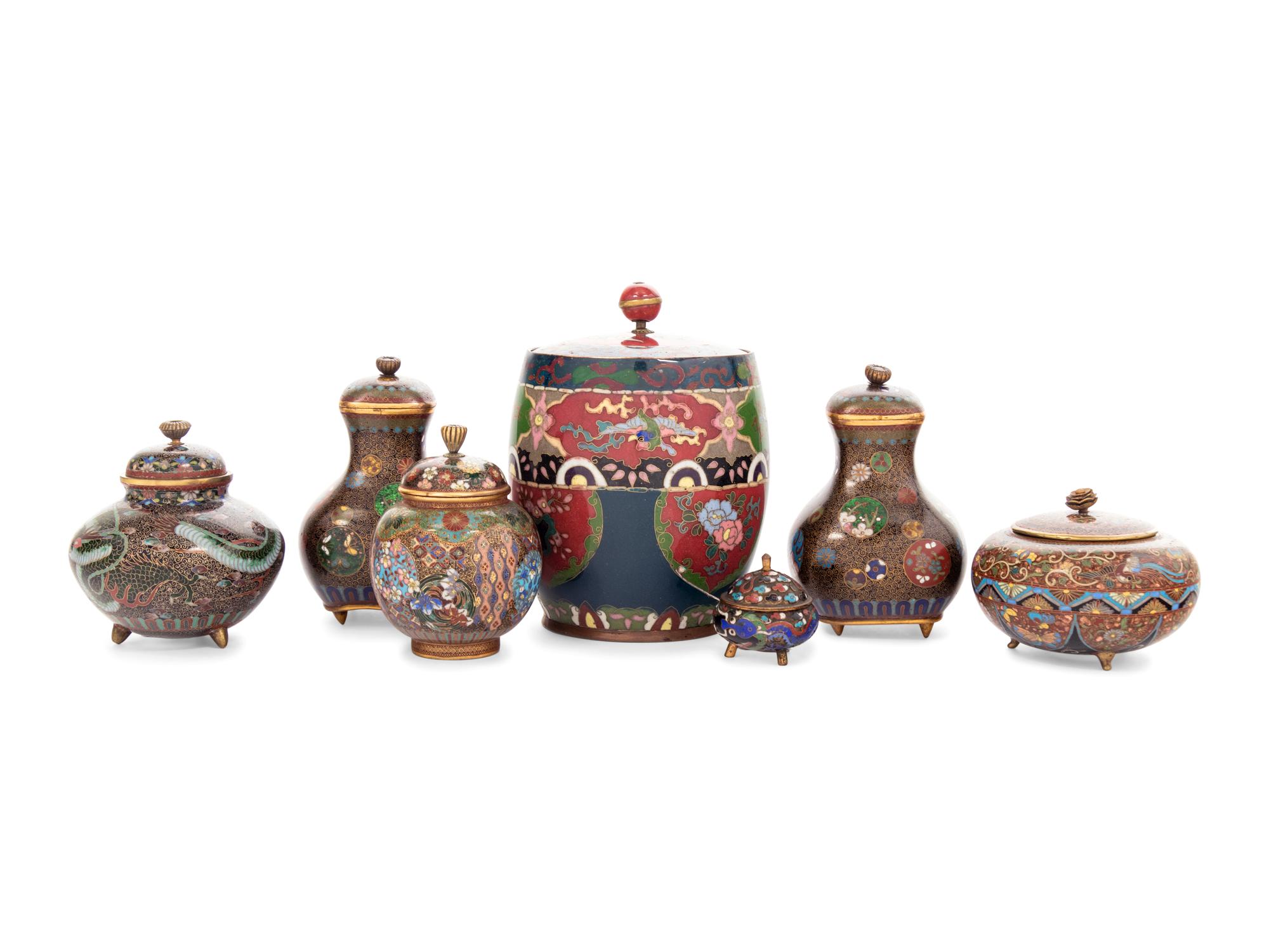 Seven Cloisonné Covered Jars