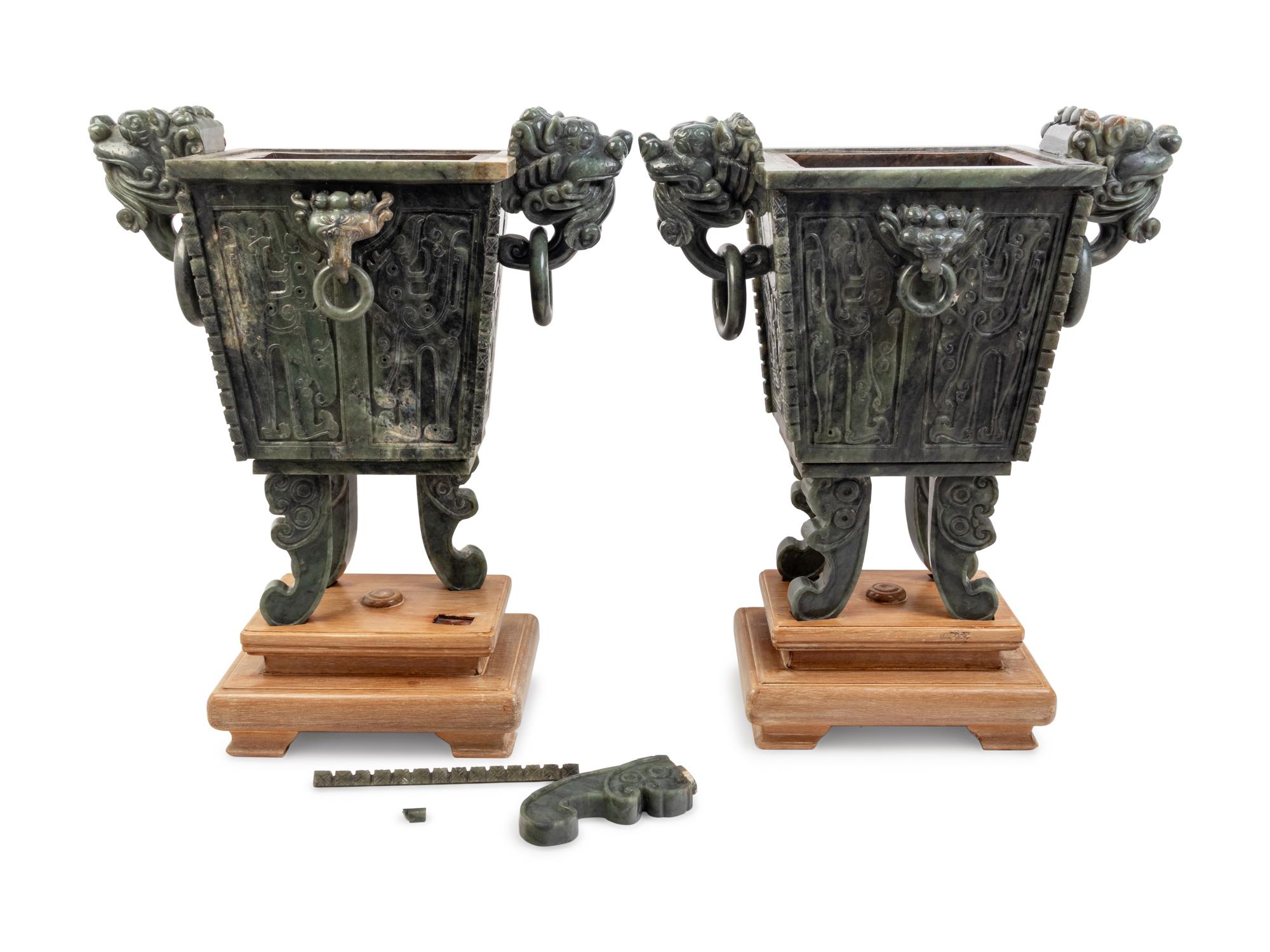 A Pair of Large Chinese Export Carved Hardstone Covered Vessels