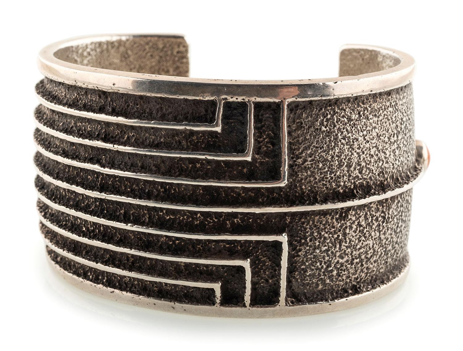 Sterling Silver Tufa Cast Cuff Bracelet, with Coral Accent