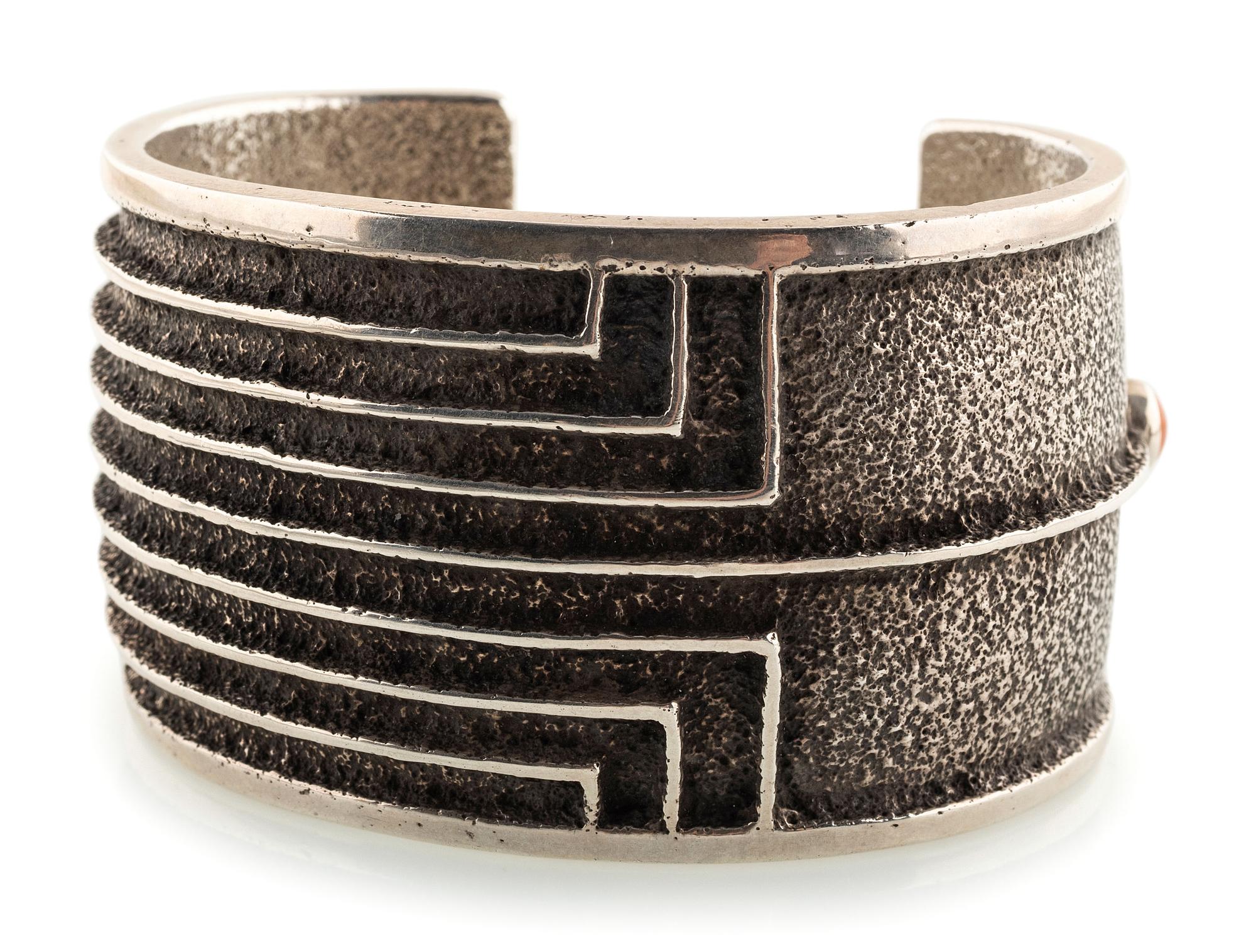 Sterling Silver Tufa Cast Cuff Bracelet, with Coral Accent