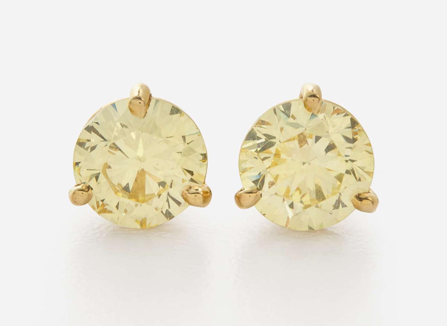 A Pair of 14K Yellow Gold and Yellow Diamond Studs 1.52 Carat and 1.73 Carat Natural Fancy Yellow Round Brilliant-Cut Diamonds, GIA Certified