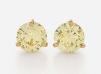 A Pair of 14K Yellow Gold and Yellow Diamond Studs 1.52 Carat and 1.73 Carat Natural Fancy Yellow Round Brilliant-Cut Diamonds, GIA Certified