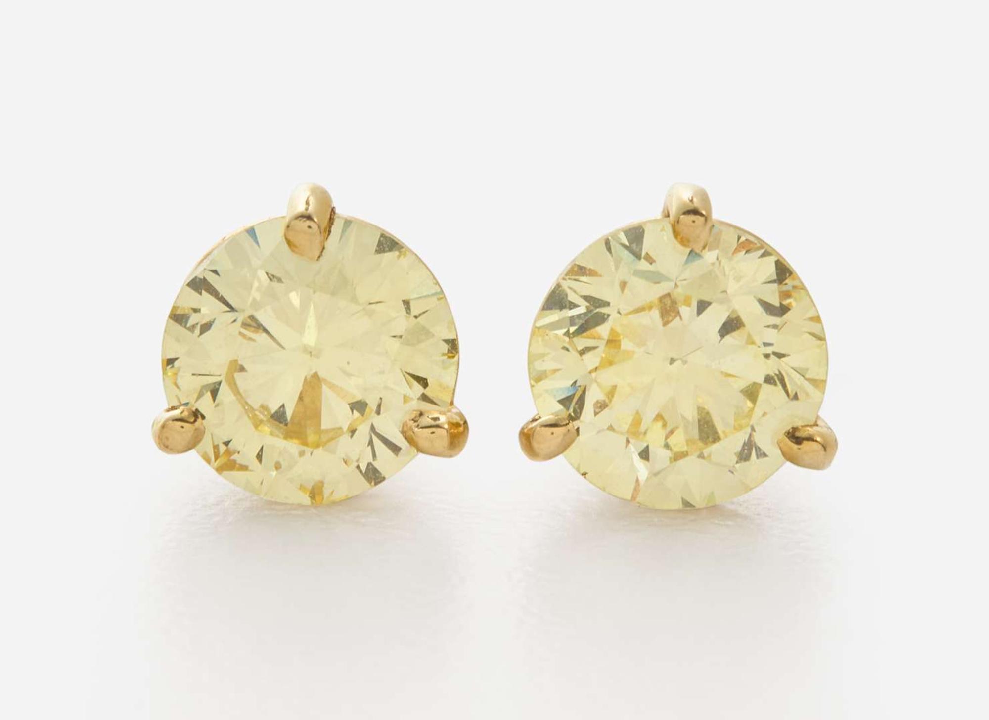 A Pair of 14K Yellow Gold and Yellow Diamond Studs 1.52 Carat and 1.73 Carat Natural Fancy Yellow Round Brilliant-Cut Diamonds, GIA Certified