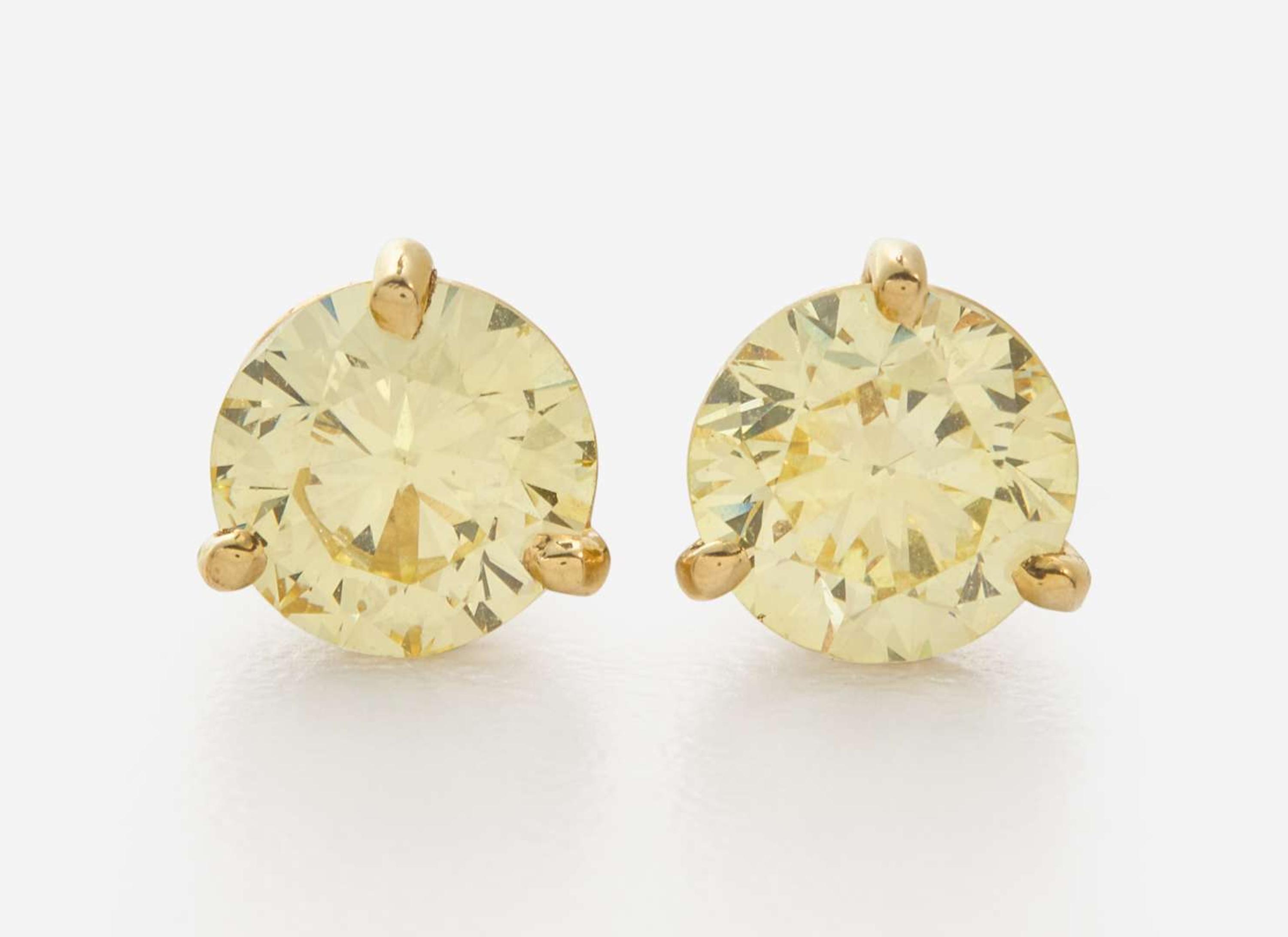 A Pair of 14K Yellow Gold and Yellow Diamond Studs 1.52 Carat and 1.73 Carat Natural Fancy Yellow Round Brilliant-Cut Diamonds, GIA Certified