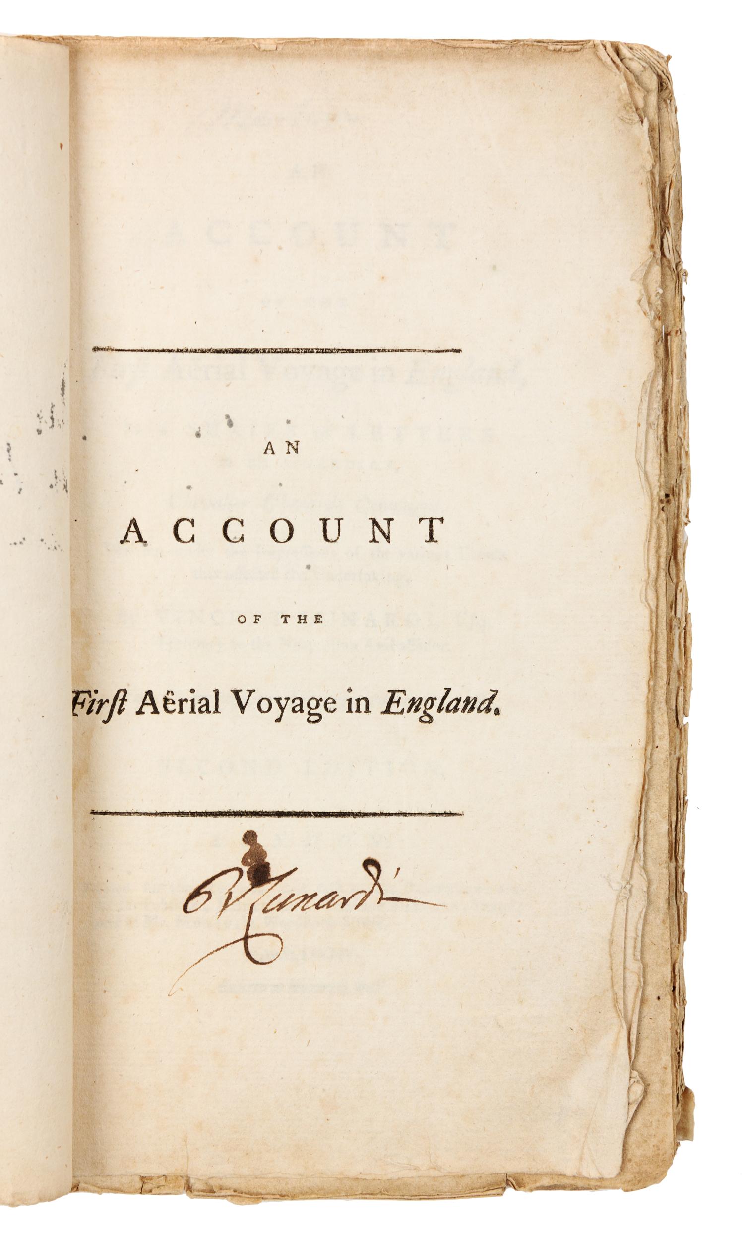 LUNARDI, Vincenzo (1759-1806). An Account of the First Aerial Voyage in England. London, 1784. FIRST EDITION, second impression.