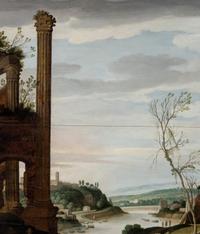 A River Landscape with Classical Ruins, Shepherds, and Shepherdesses and their Flock