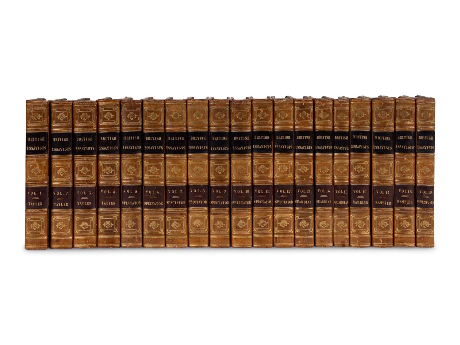 [BINDINGS]. A group of approximately 76 volumes, most in contemporary leather bindings, including works related to British history, illustration, and literature, comprising: