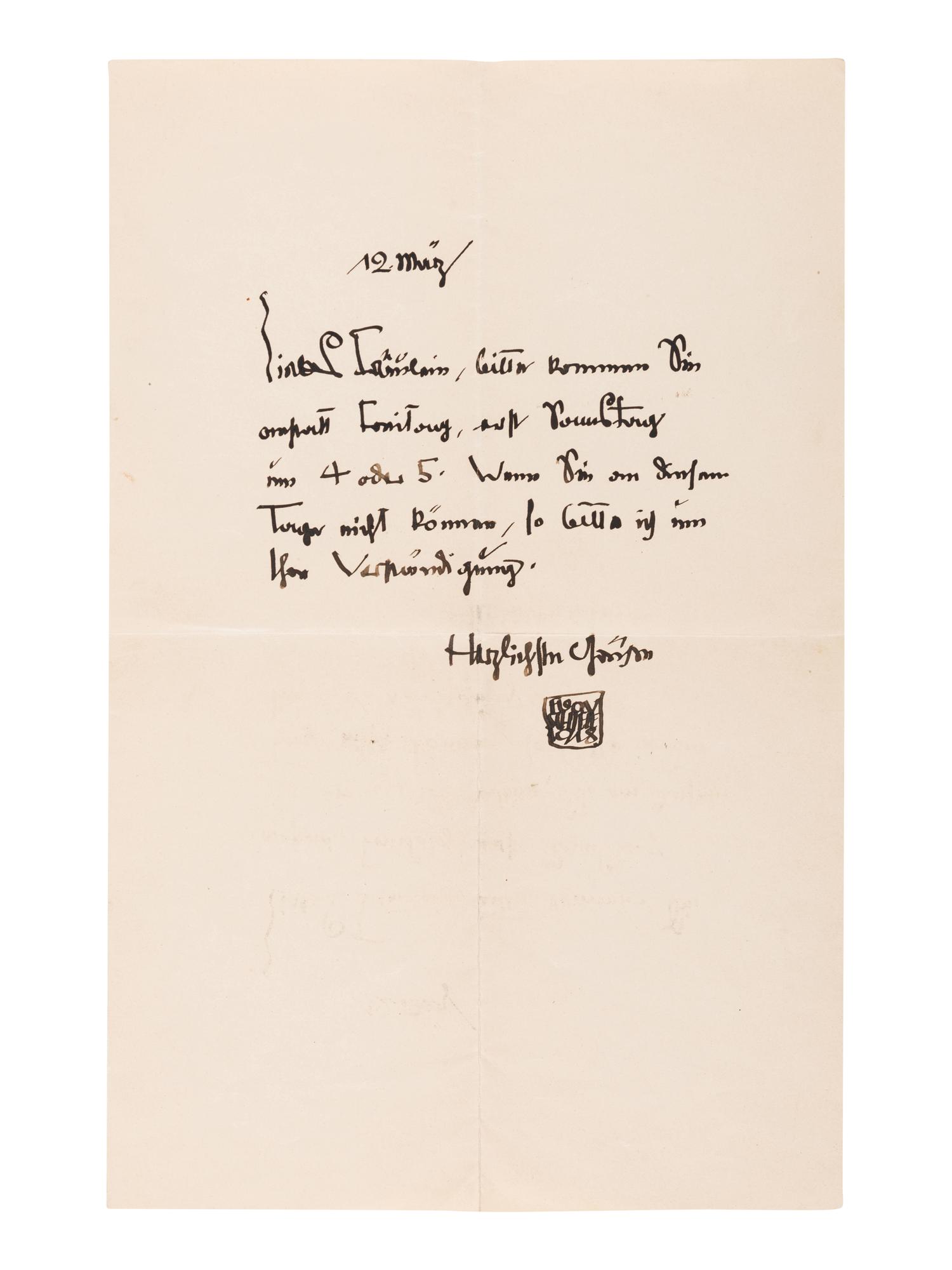 [KAUFMAN, Enit Zerner (1897-1961)] –SCHIELE, Egon (1890-1918). Autograph letter signed ("Egon Schiele" in a paraph), to Enit Kaufman ("Fraulein Ernestine Zerner"). Vienna, 12 March 1918.