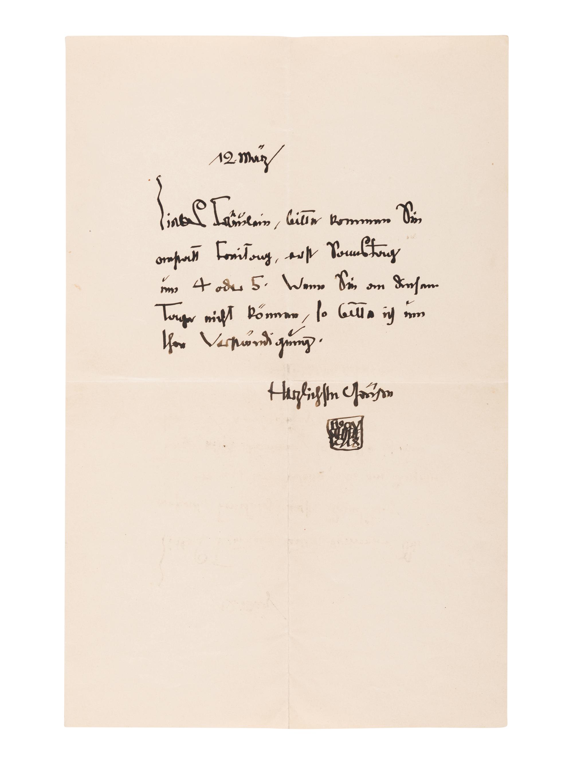 [KAUFMAN, Enit Zerner (1897-1961)] –SCHIELE, Egon (1890-1918). Autograph letter signed ("Egon Schiele" in a paraph), to Enit Kaufman ("Fraulein Ernestine Zerner"). Vienna, 12 March 1918.