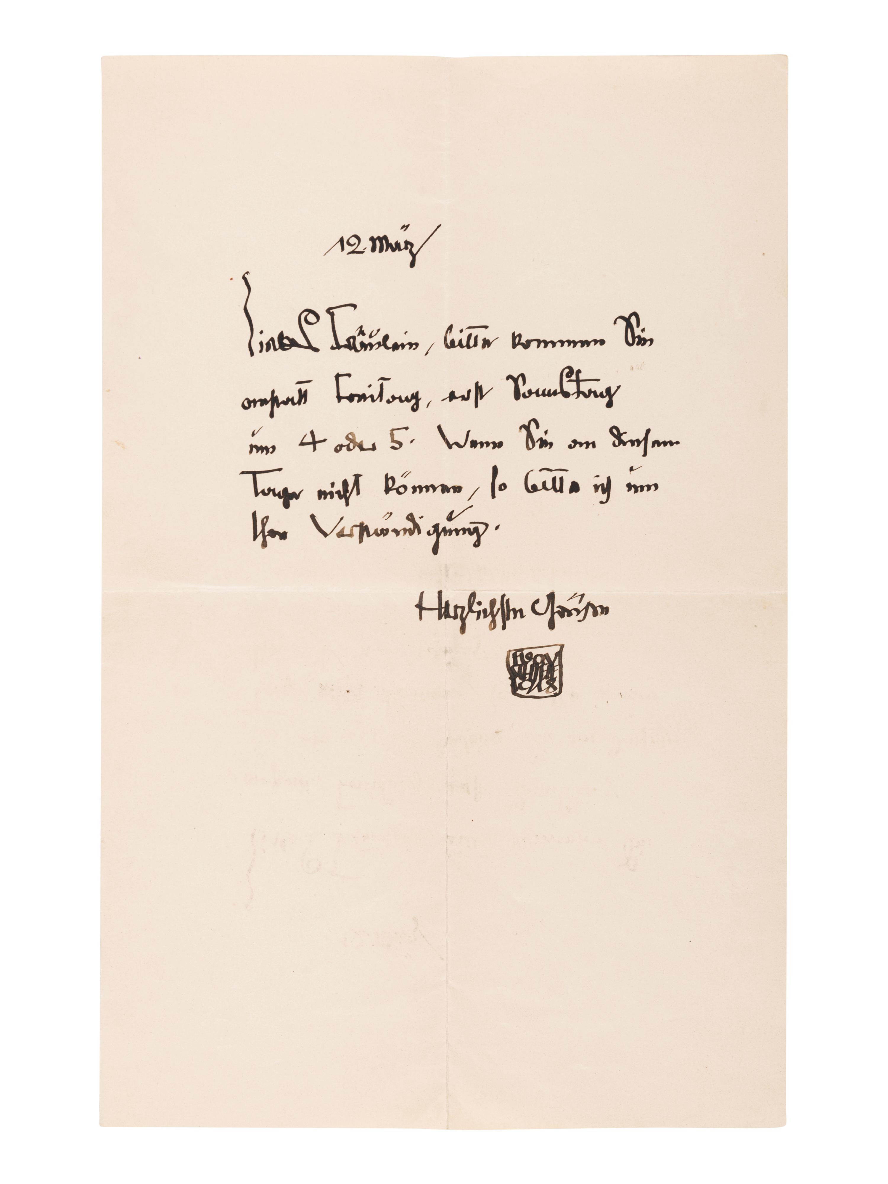 [KAUFMAN, Enit Zerner (1897-1961)] –SCHIELE, Egon (1890-1918). Autograph letter signed ("Egon Schiele" in a paraph), to Enit Kaufman ("Fraulein Ernestine Zerner"). Vienna, 12 March 1918.