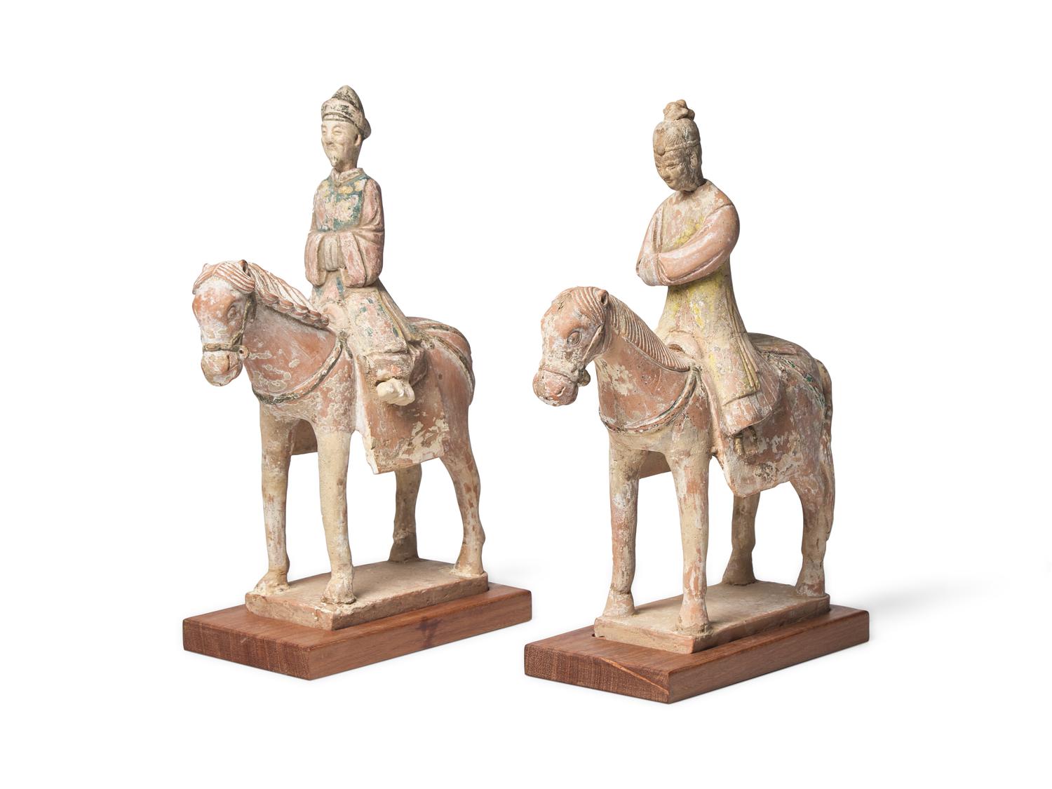 Two Chinese Painted Pottery Equestrian Figures, Ming Dynasty