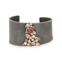 TODD REED, HAND FORGED STERLING SILVER AND YELLOW GOLD MULTIGEM CUFF BRACELET