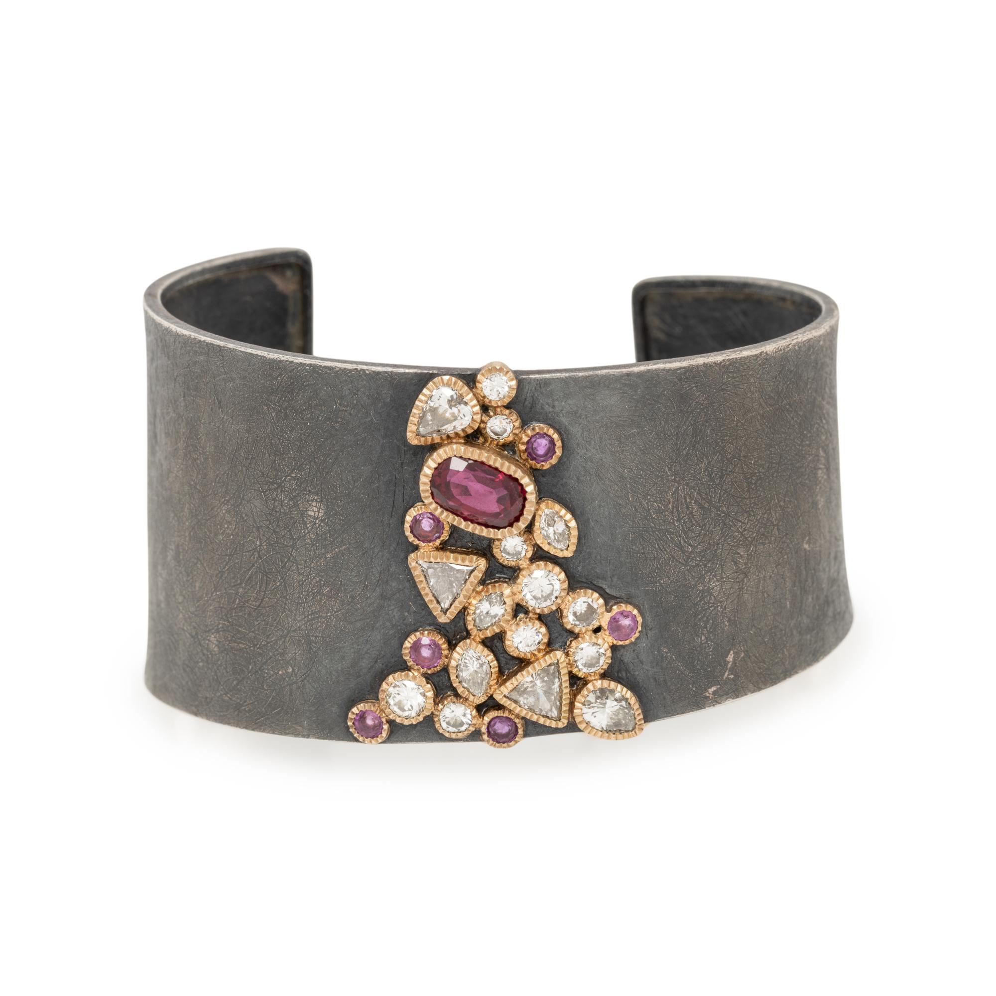 TODD REED, HAND FORGED STERLING SILVER AND YELLOW GOLD MULTIGEM CUFF BRACELET