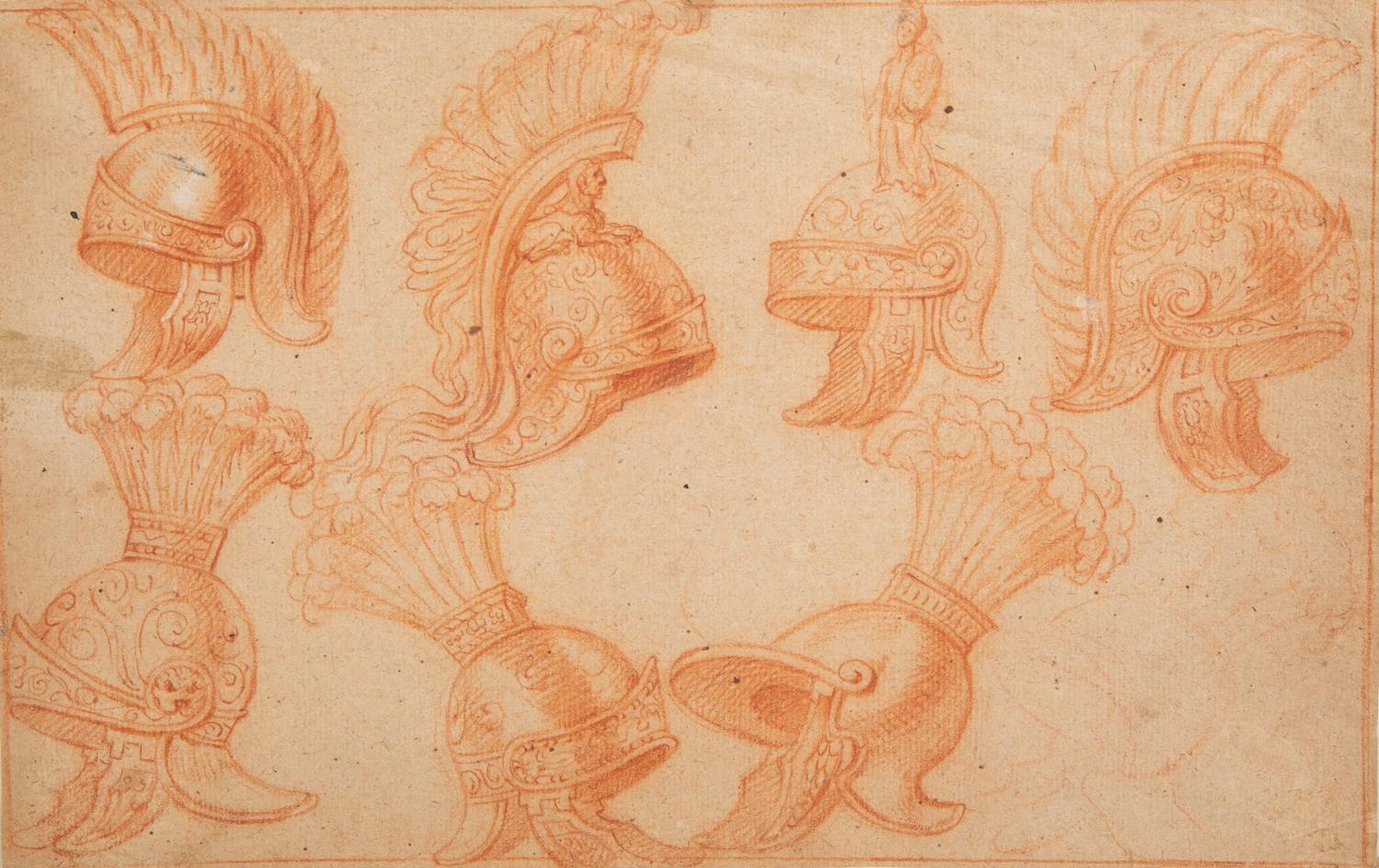 An Italian Sanguine Drawing on Paper, Depicting Armature and Helmets — 17TH CENTURY
