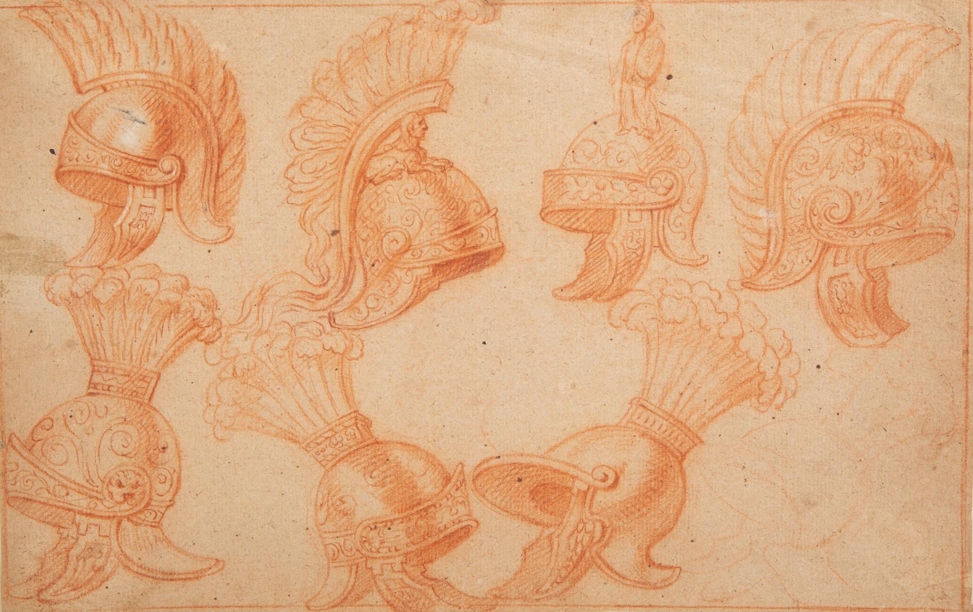 An Italian Sanguine Drawing on Paper, Depicting Armature and Helmets — 17TH CENTURY