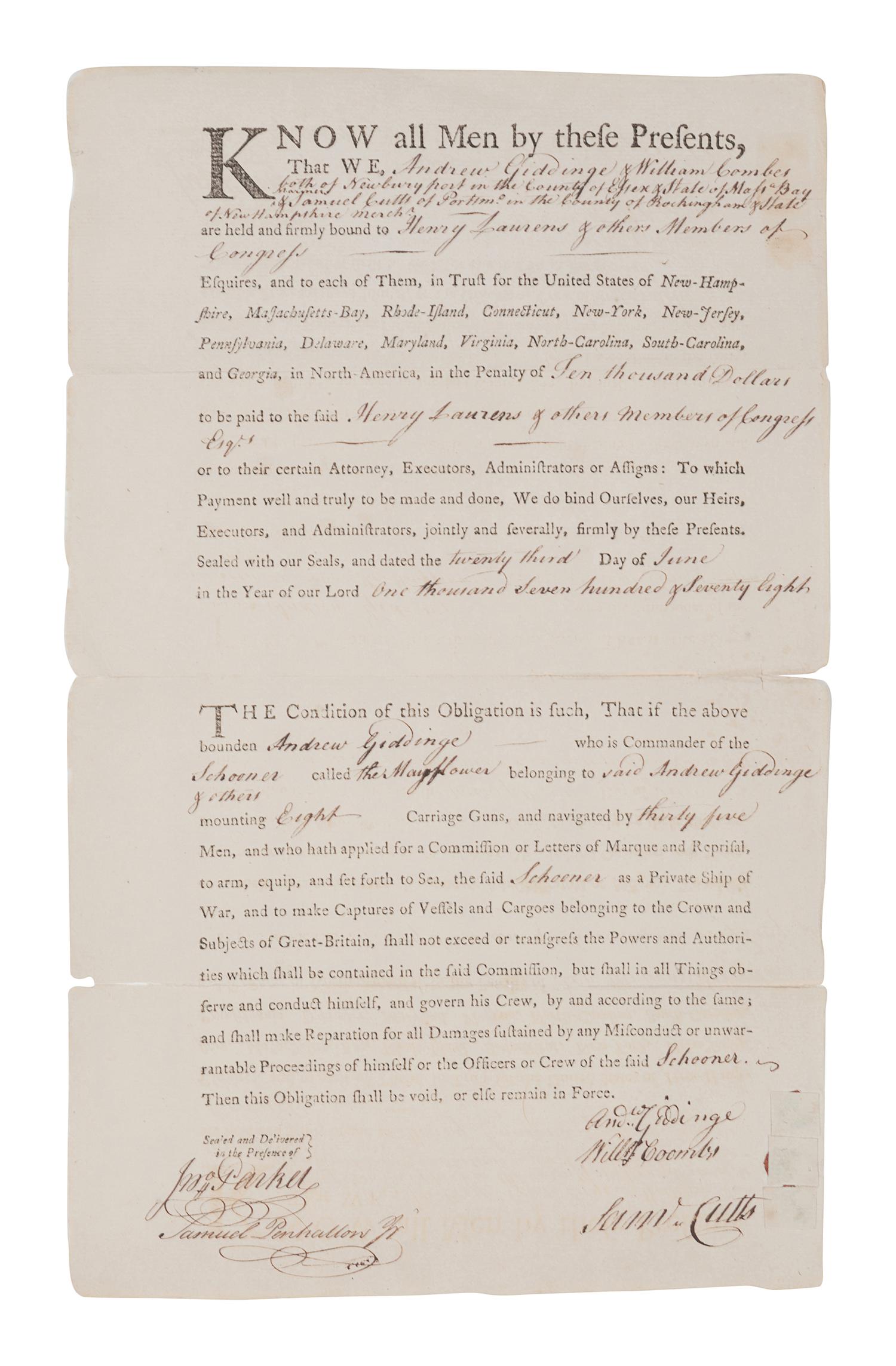 [PRIVATEERS]. Partly printed document accomplished in manuscript, signed by Andrew Giddinge and William Coombs, countersigned by by John Parker, Samuel Penhallon Jr., Samuel Cutts, 23 June 1788.