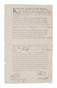 [PRIVATEERS]. Partly printed document accomplished in manuscript, signed by Andrew Giddinge and William Coombs, countersigned by by John Parker, Samuel Penhallon Jr., Samuel Cutts, 23 June 1788.