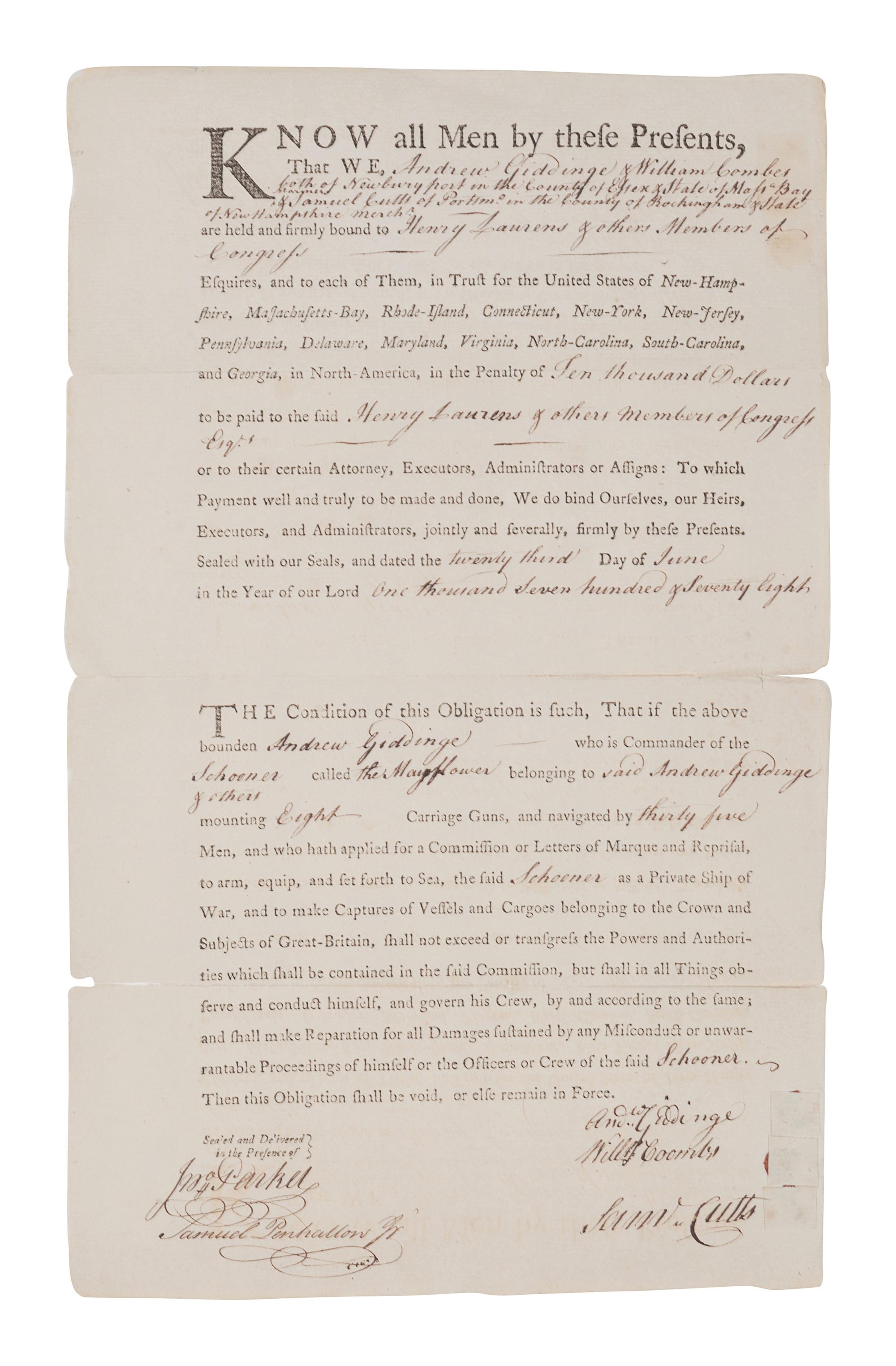 [PRIVATEERS]. Partly printed document accomplished in manuscript, signed by Andrew Giddinge and William Coombs, countersigned by by John Parker, Samuel Penhallon Jr., Samuel Cutts, 23 June 1788.