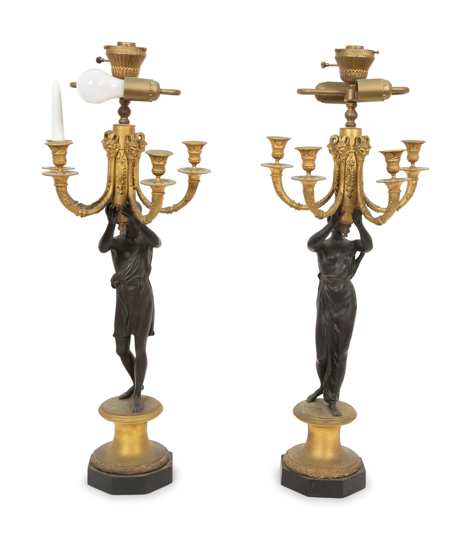 A Pair of Gilt and Patinated Bronze Figural Lamps