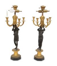A Pair of Gilt and Patinated Bronze Figural Lamps