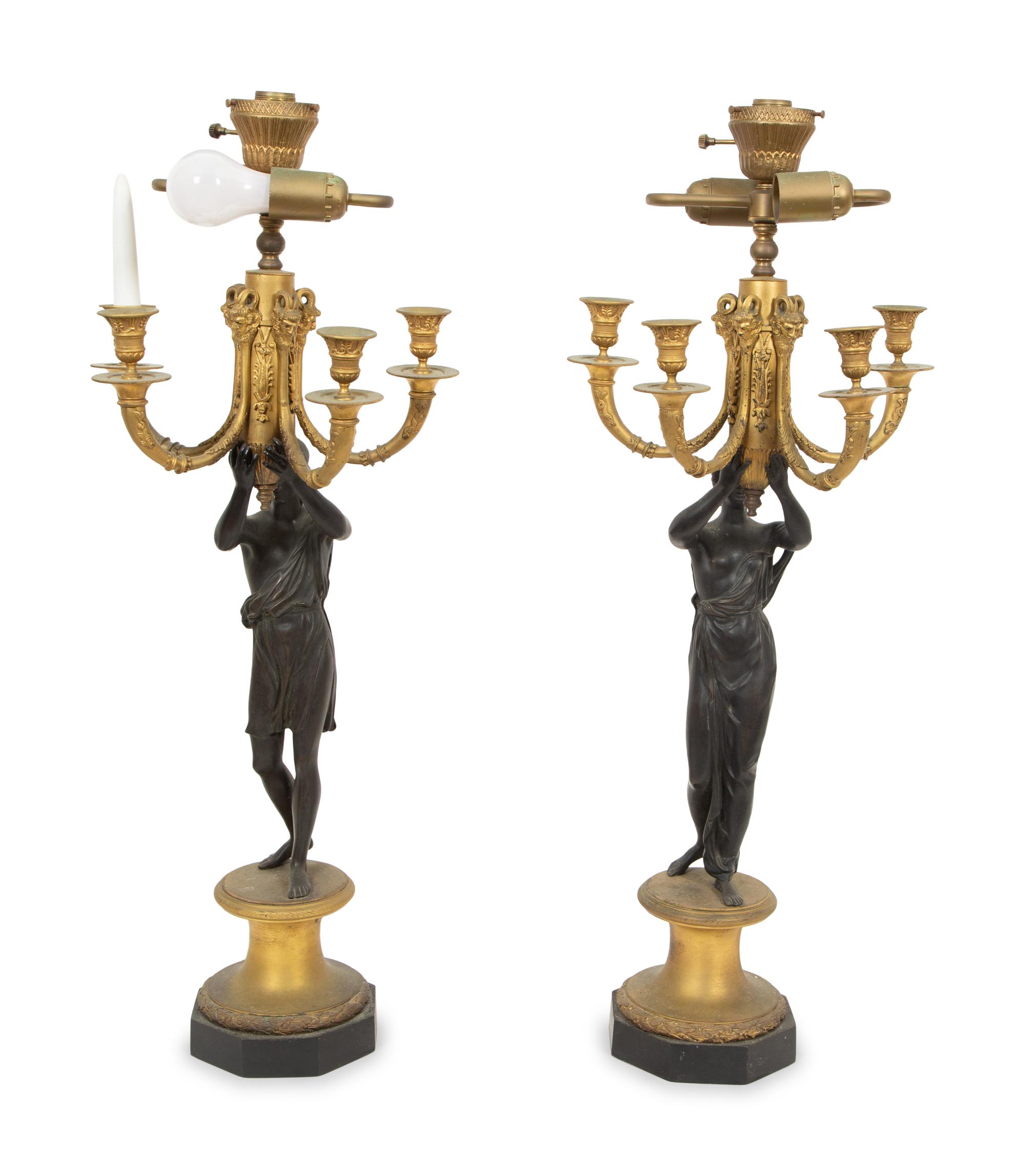 A Pair of Gilt and Patinated Bronze Figural Lamps