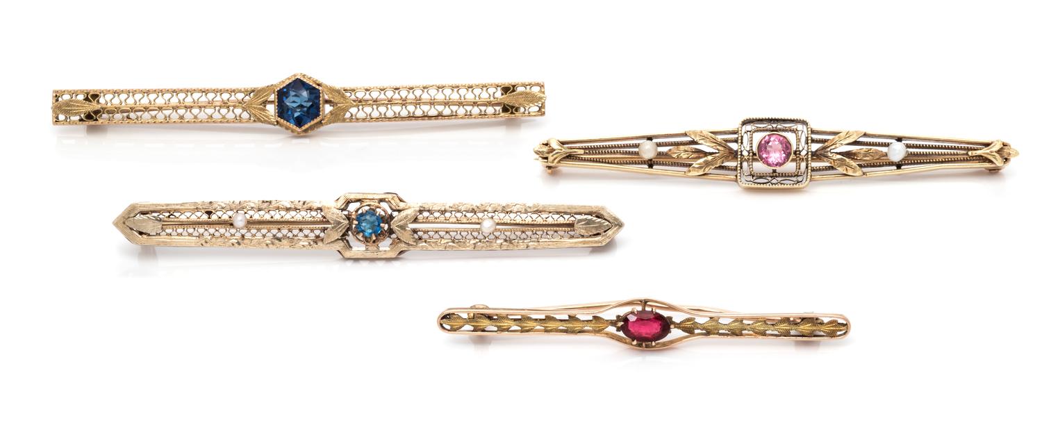 A Collection of Yellow Gold, Gemstone and Glass Bar Brooches,