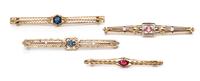 A Collection of Yellow Gold, Gemstone and Glass Bar Brooches,