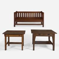 Gustav Stickley, Limbert's, Etc. A Gustav Stickley Library Table No. 614, a Limbert's Library Table No. 115, and an American Settle, USA, circa 1910