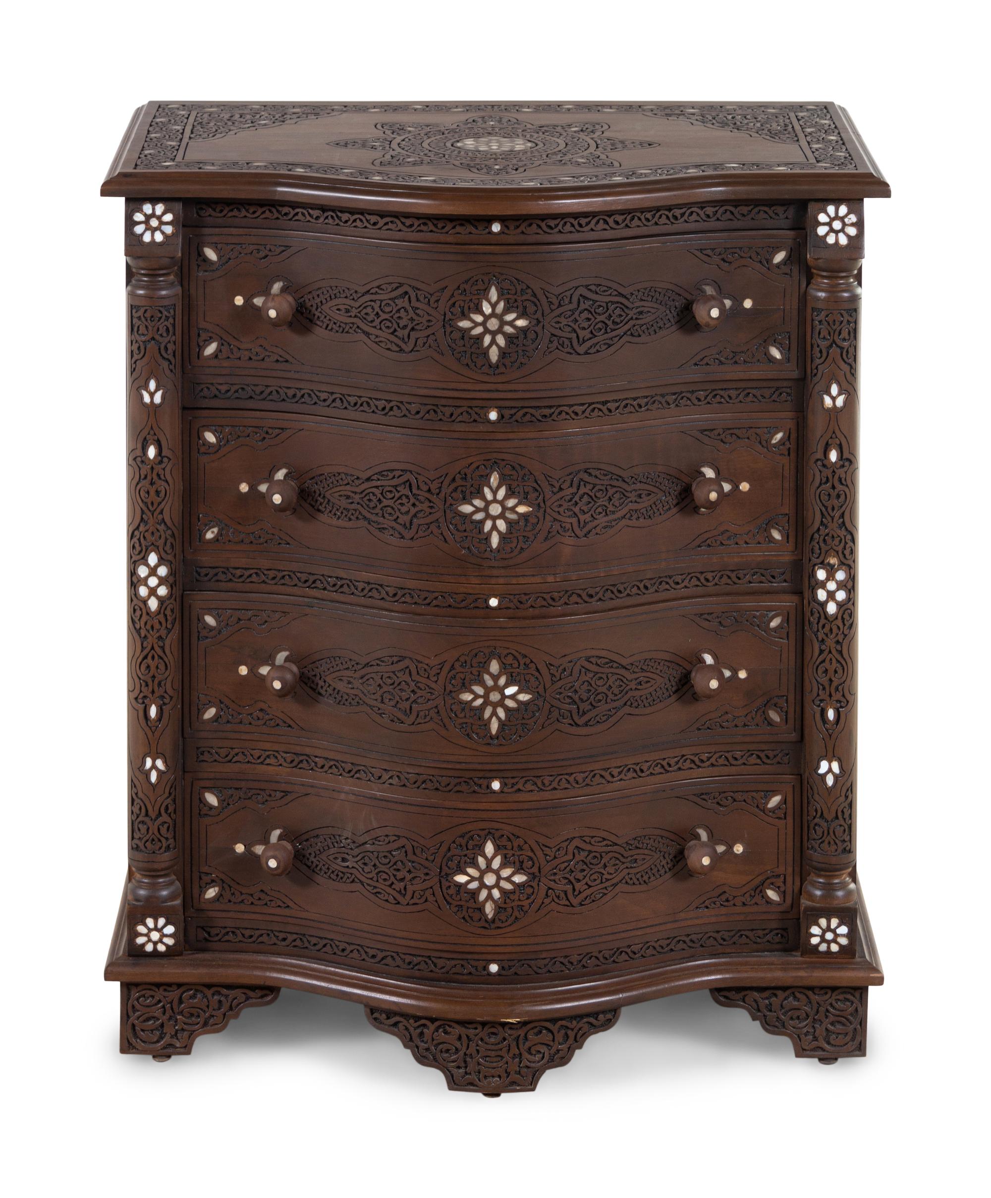 A Syrian Carved Mother-of-Pearl Inlaid Walnut Serpentine Chest of Drawers