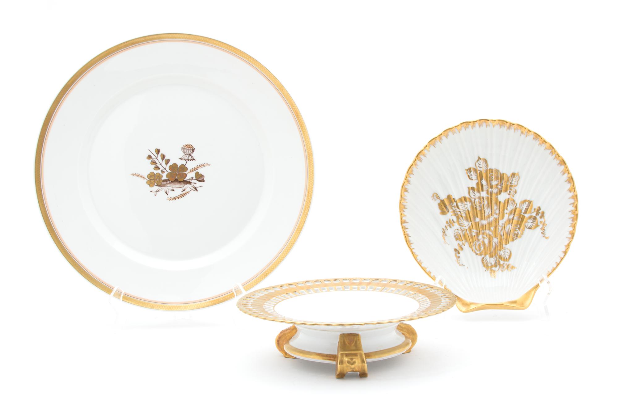 Three Continental Porcelain Gilt Decorated Serving Pieces Charger diameter 13 1/2 inches. — 20TH CENTURY