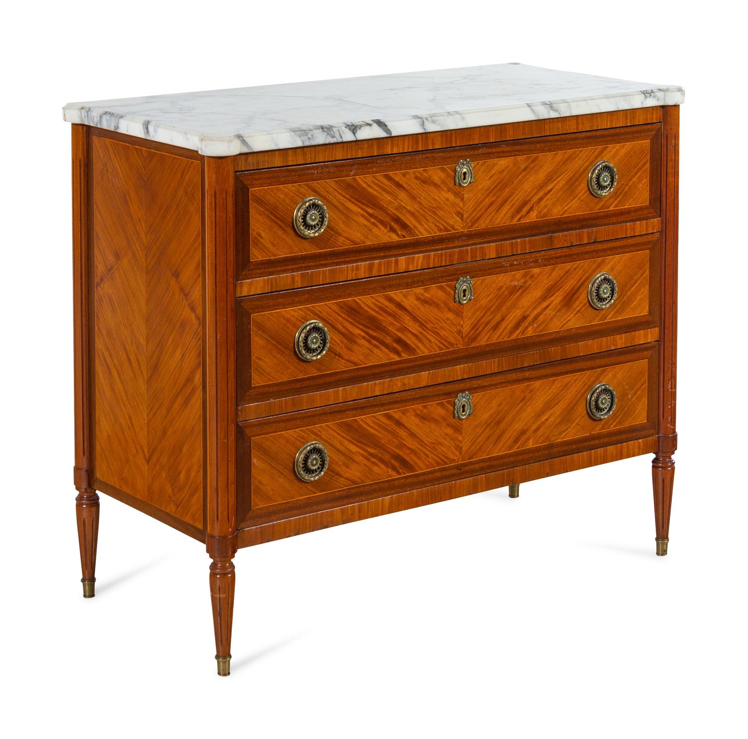 A Louis XVI Style Mahogany and Satinwood Marble-Top Commode