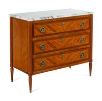 A Louis XVI Style Mahogany and Satinwood Marble-Top Commode