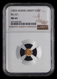 [CALIFORNIA FRACTIONAL] An (1853) BG-221 Liberty 25c Gold Coin (NGC MS65)