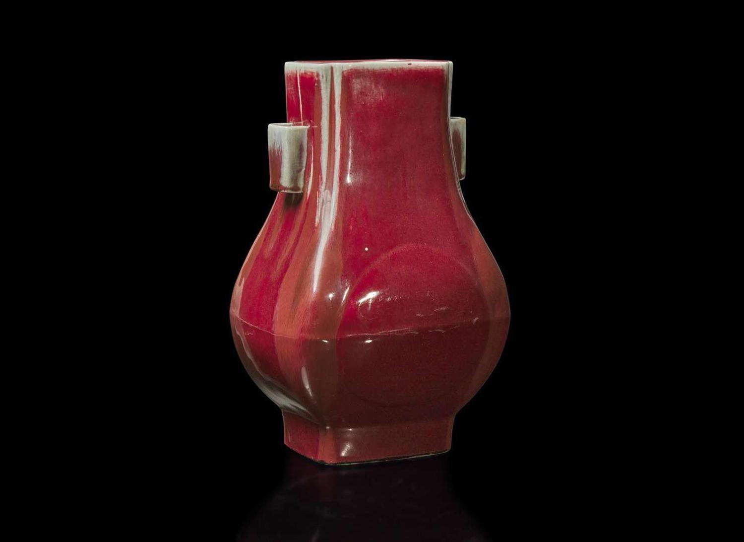 A Chinese copper red-glazed vase, Fanghu, Guangxu mark and probably of the period 釉裡紅方壺 光緒款 或清光緒