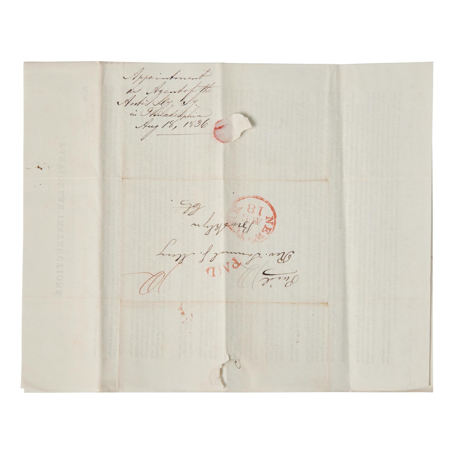 [African-Americana] Wright, Elizur, Jr., and Arthur Tappan. Rev. Samuel J. May's Partially-Printed American Anti-Slavery Society Executive Committee Commission for 1836