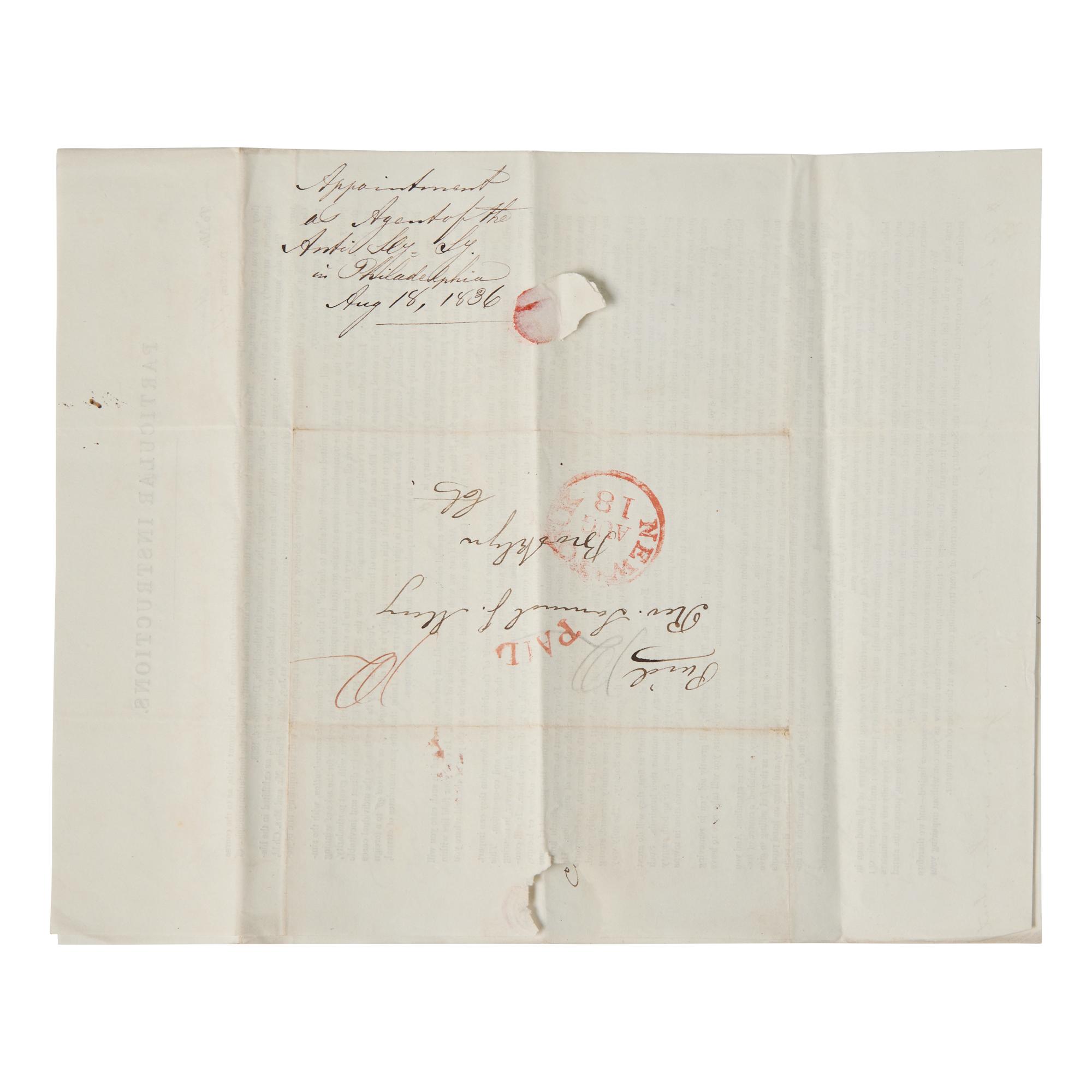 [African-Americana] Wright, Elizur, Jr., and Arthur Tappan. Rev. Samuel J. May's Partially-Printed American Anti-Slavery Society Executive Committee Commission for 1836