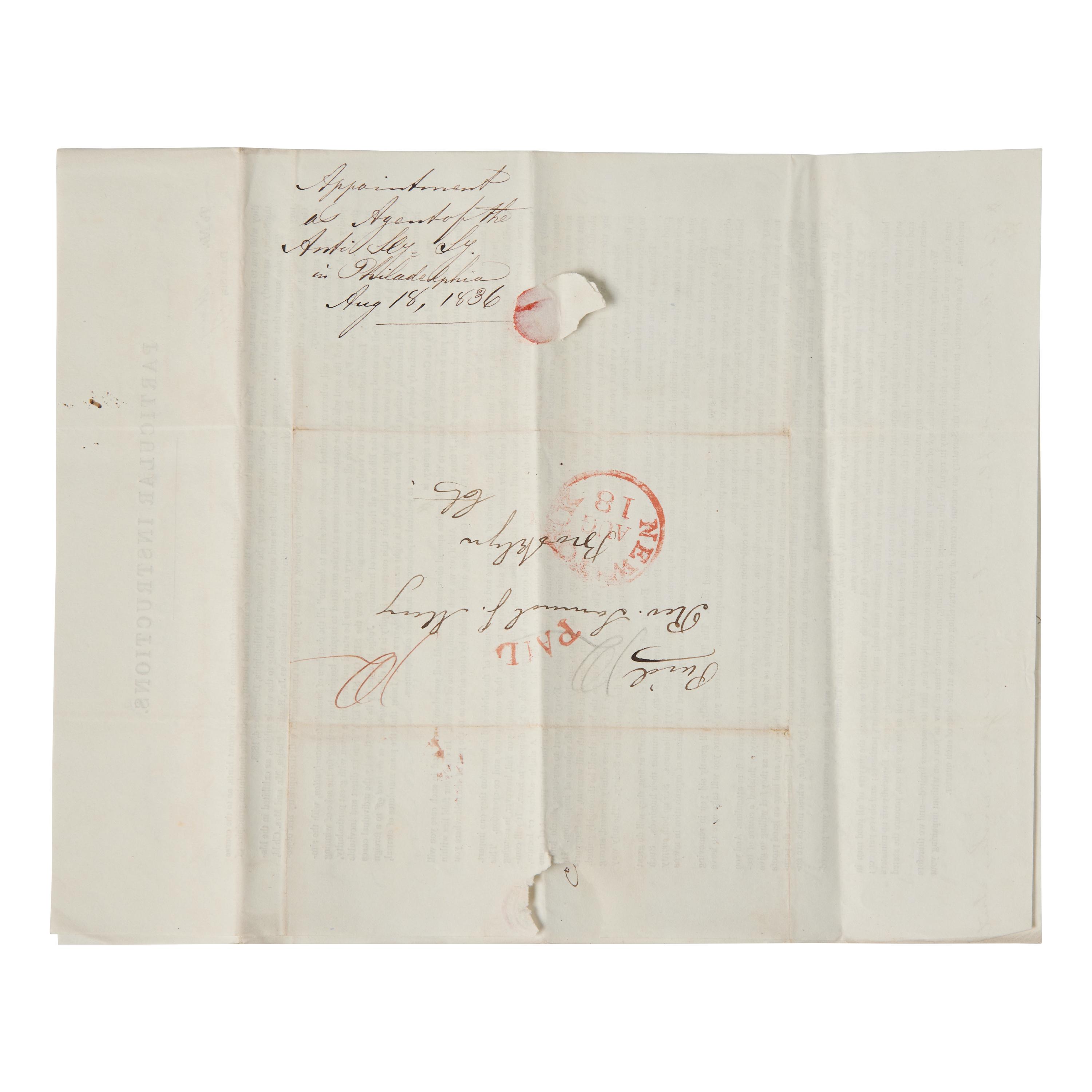 [African-Americana] Wright, Elizur, Jr., and Arthur Tappan. Rev. Samuel J. May's Partially-Printed American Anti-Slavery Society Executive Committee Commission for 1836