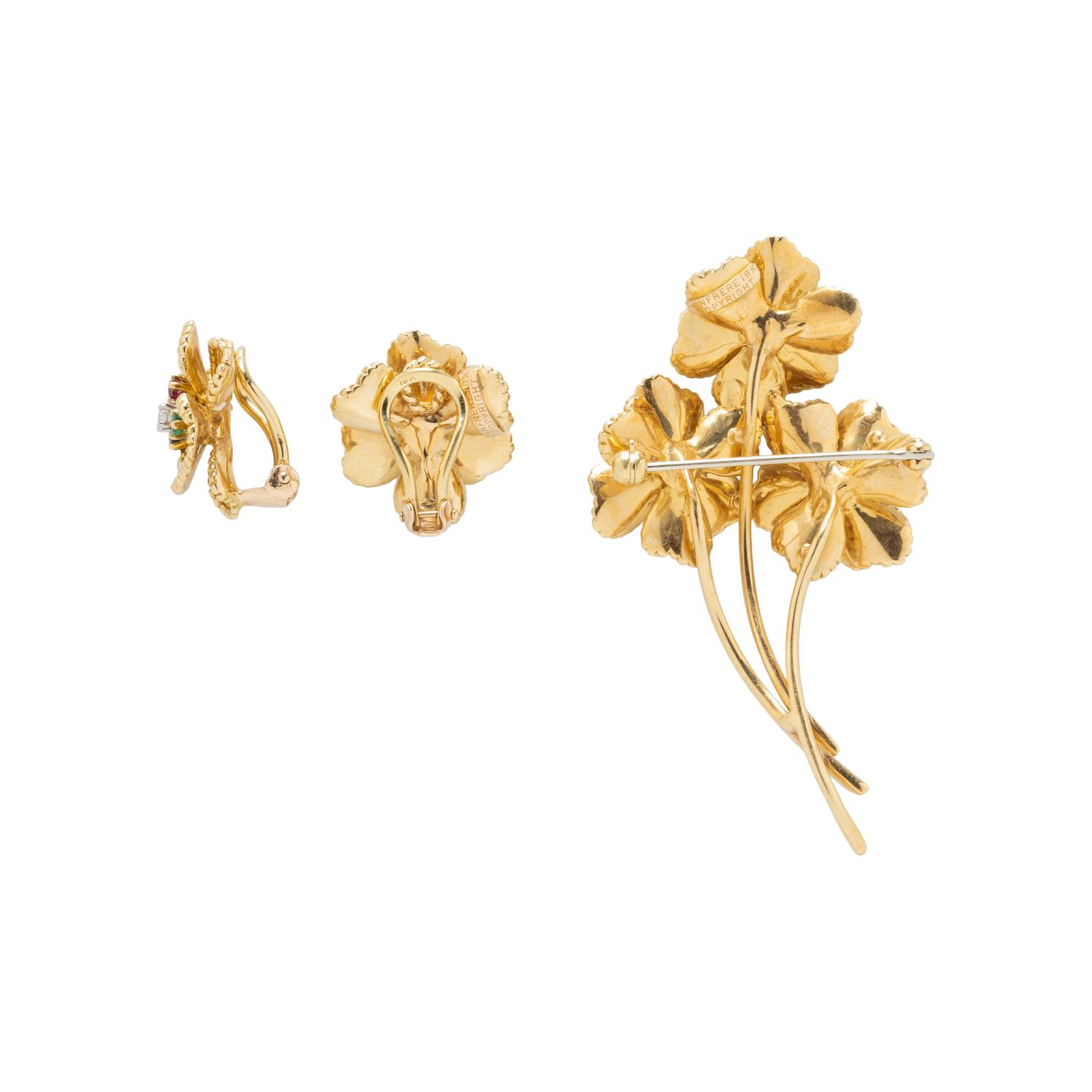 DAN FRERE, YELLOW GOLD, DIAMOND AND MULTIGEM FLOWER BROOCH AND CLIP EARRINGS