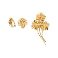 DAN FRERE, YELLOW GOLD, DIAMOND AND MULTIGEM FLOWER BROOCH AND CLIP EARRINGS