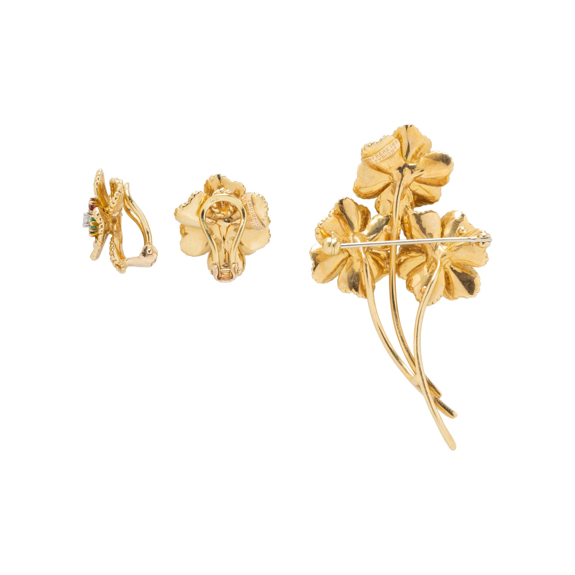 DAN FRERE, YELLOW GOLD, DIAMOND AND MULTIGEM FLOWER BROOCH AND CLIP EARRINGS