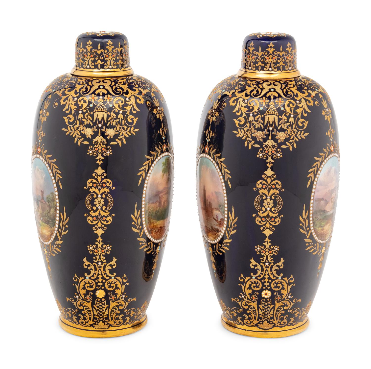 A Pair of Coalport Porcelain Covered Vases