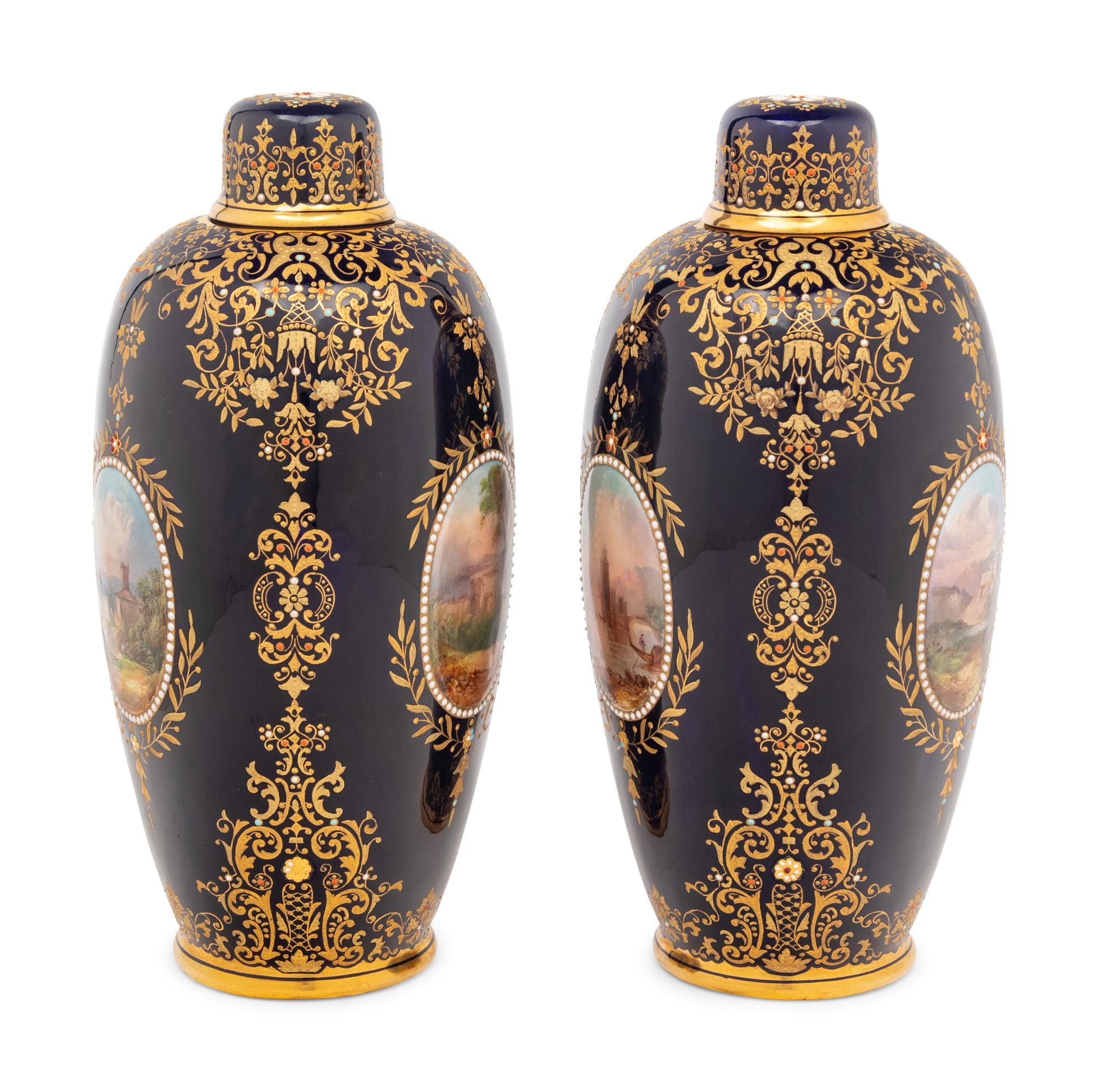A Pair of Coalport Porcelain Covered Vases
