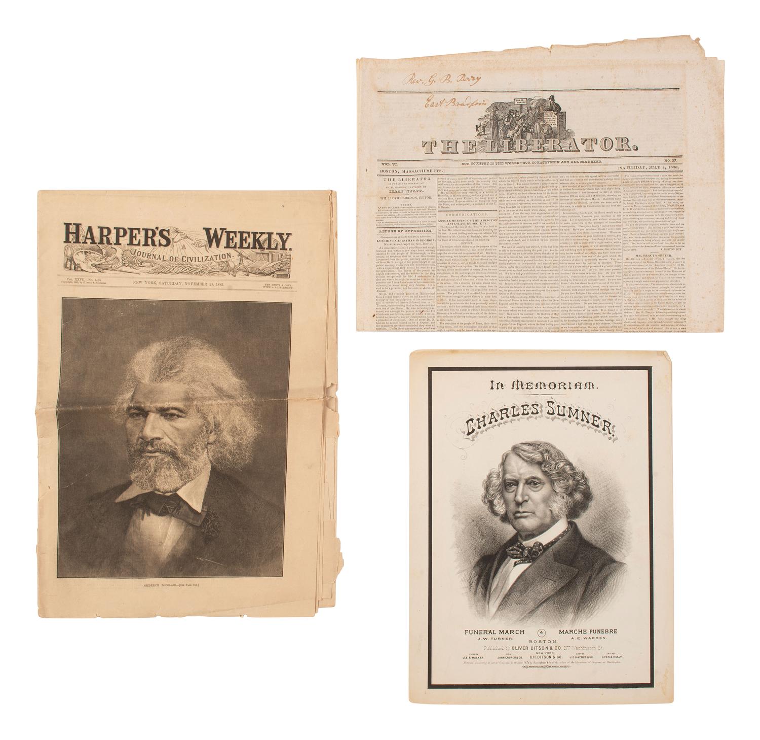 [ENSLAVEMENT & ABOLITION]. A group of photographs and other items related to abolitionist figures incl. Wendell PHILLIPS (1811-1884) and Charles SUMNER (1811-1874).